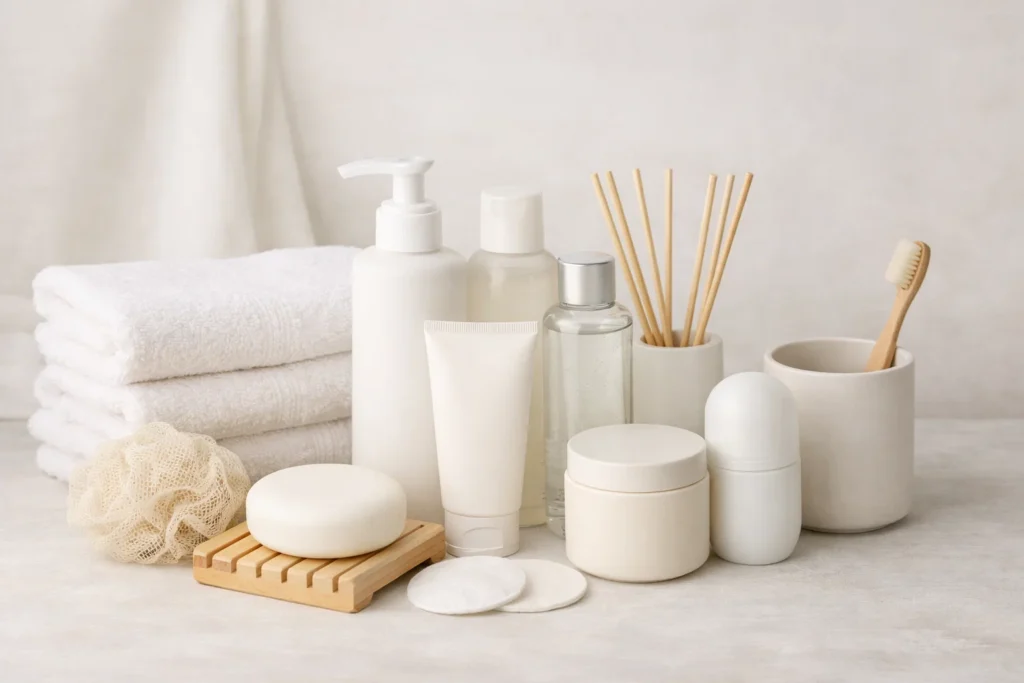 Produtos de higiene e cosméticos que podem desencadear dermatite de contato, como sabonetes, cremes, perfumes e itens de cuidados pessoais.