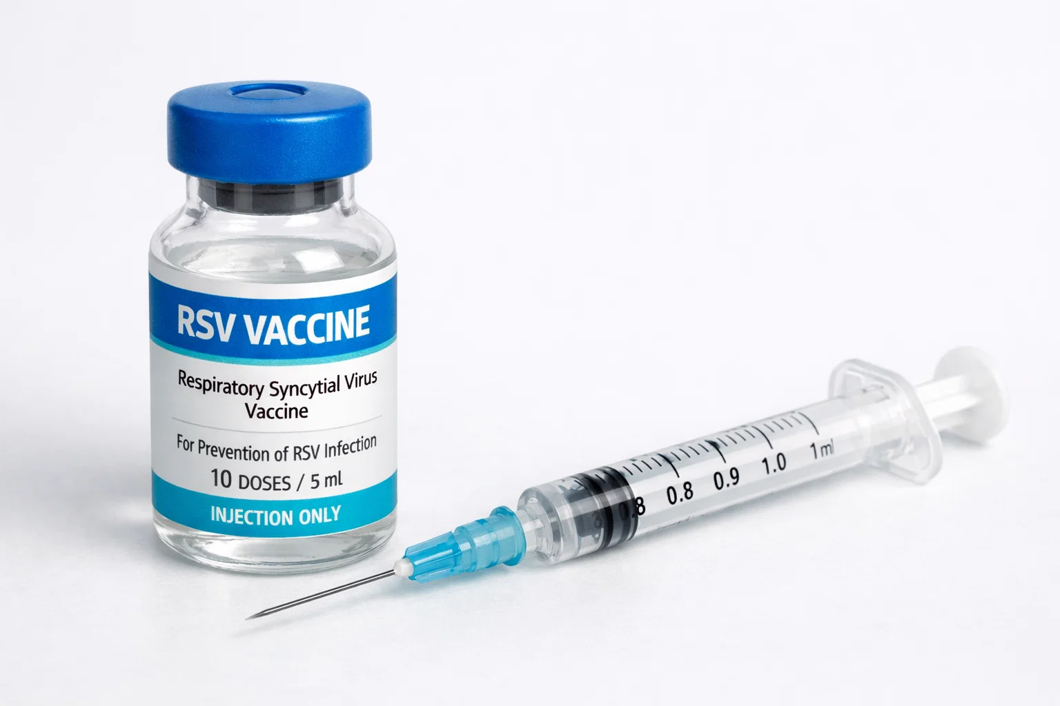 Frasco e seringa da vacina para VSR utilizada na prevenção do vírus sincicial respiratório.