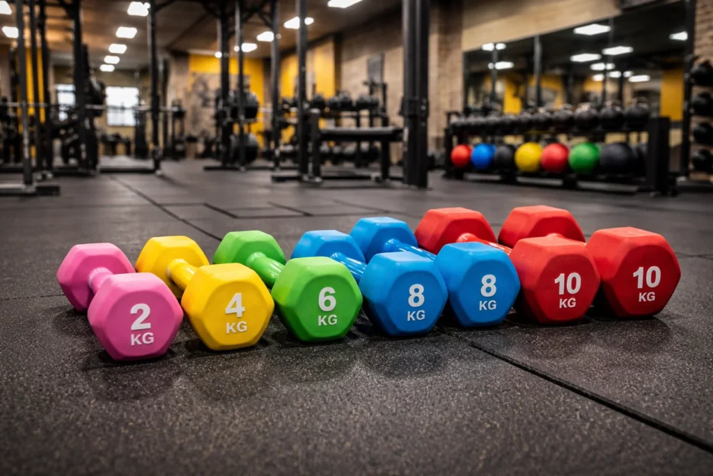 Halteres coloridos na academia representando o uso de whey vegano no treino.
