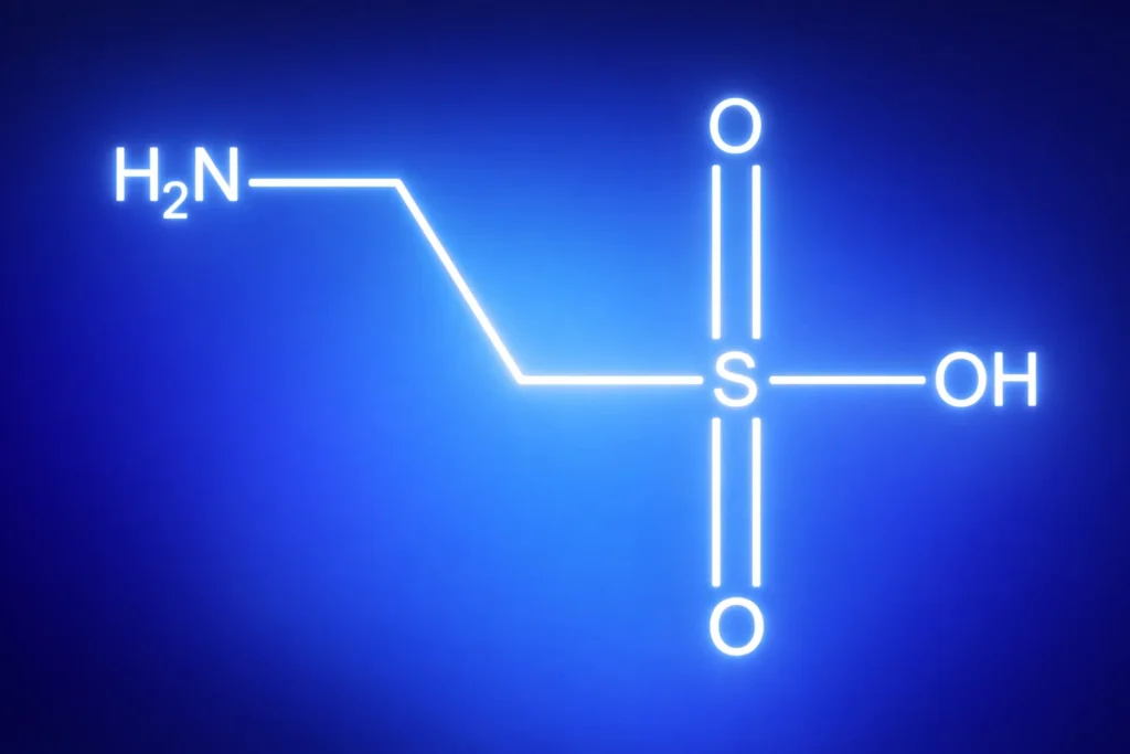 Estrutura química da taurina representada em fundo azul, com seus átomos e ligações.