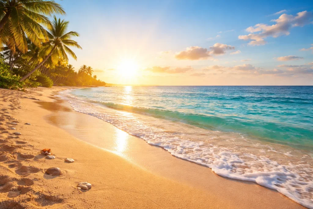 Praia ensolarada com mar azul e coqueiros, representando a exposição solar como fator de risco para melanoma