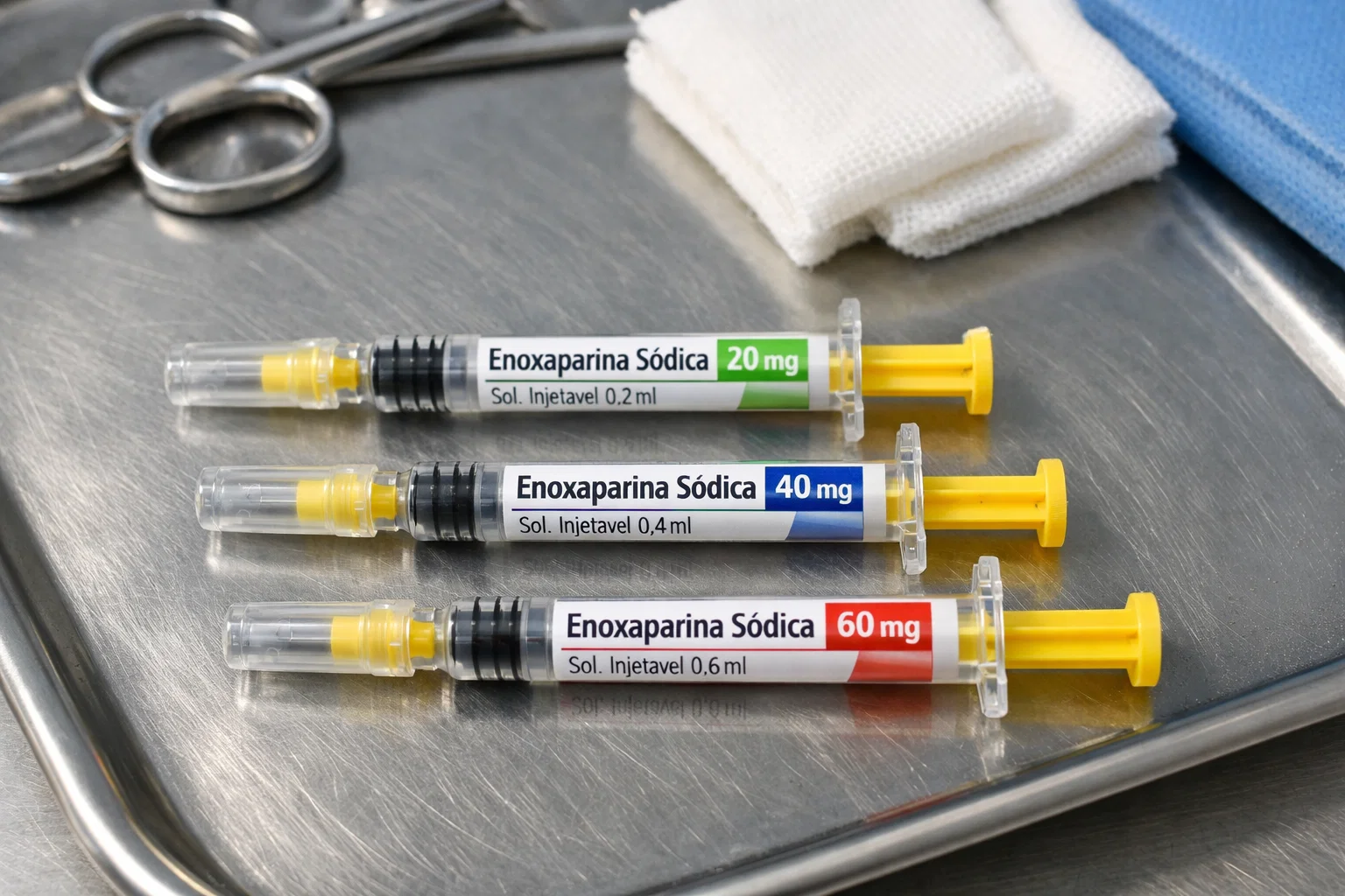 Seringas pré-preenchidas de enoxaparina em diferentes dosagens (20 mg, 40 mg e 60 mg) sobre bandeja hospitalar.