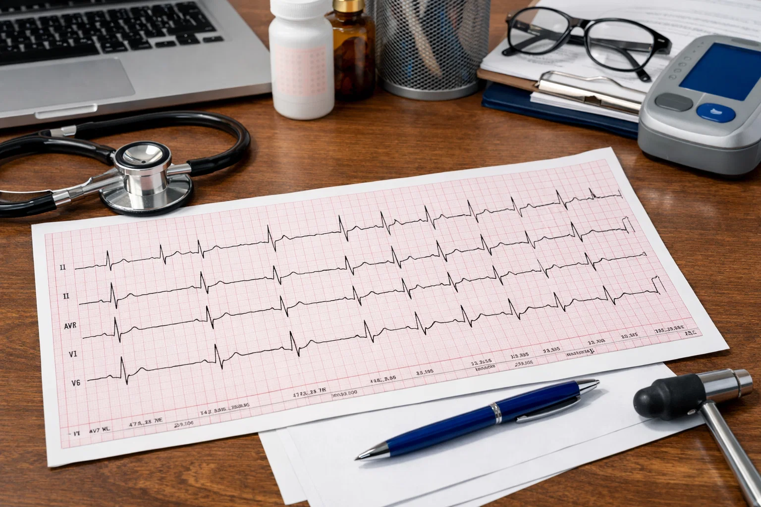 Eletrocardiograma com traçado cardíaco usado no diagnóstico da fibrilação atrial.