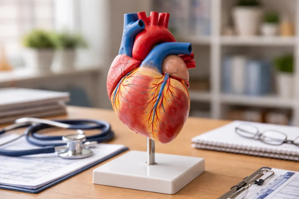 Modelo anatômico do coração humano usado para explicar fibrilação atrial em consultório médico.