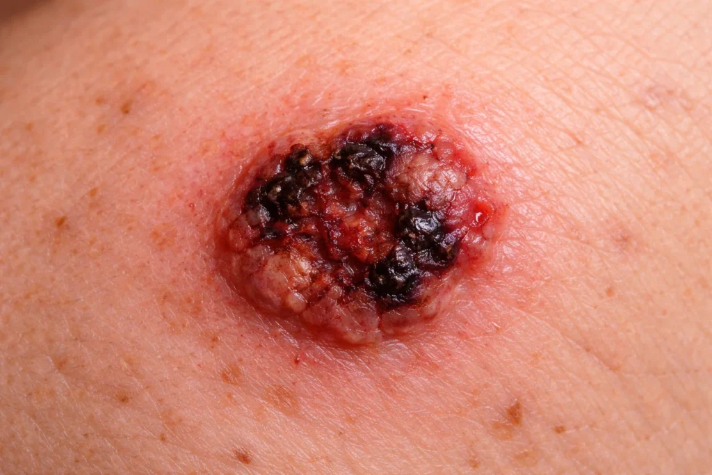Lesão irregular na pele com coloração escura e bordas assimétricas, característica de melanoma
