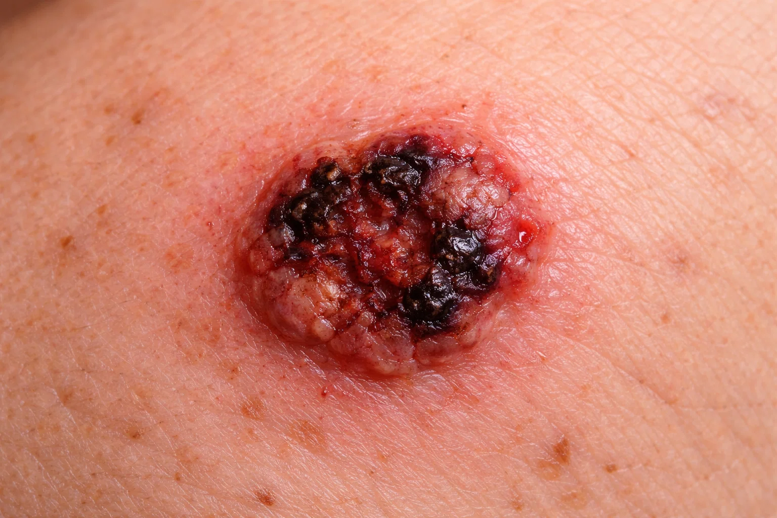 Lesão irregular na pele com coloração escura e bordas assimétricas, característica de melanoma