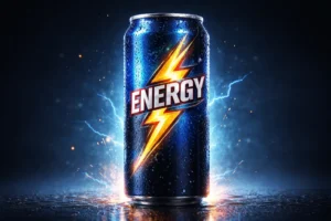 Lata de bebida energética com efeito de eletricidade ao fundo, representando a presença de taurina na composição.