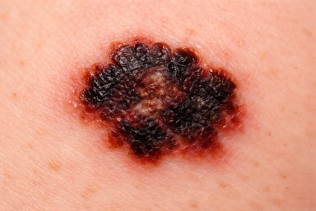 Lesão escura irregular na pele que pode indicar melanoma, um dos tipos de câncer de pele.