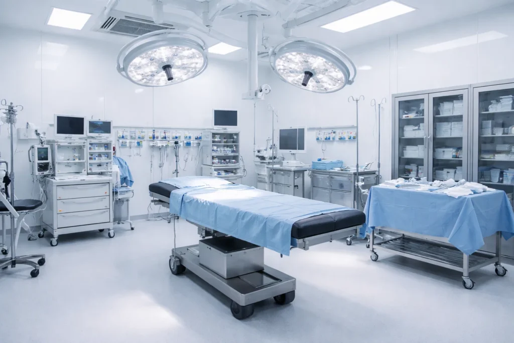 Sala de cirurgia moderna preparada para tratamento de câncer de tireoide.
